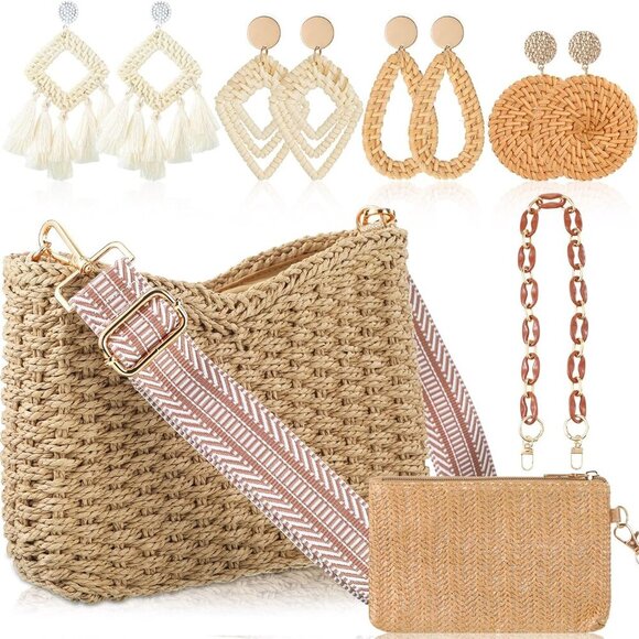 Straw Clutch Purse for Women Rattan Earrings Set Summer Beach Straw Bag Boho Han - Picture 1 of 6